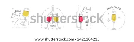 Set of modern line art logo, label or emblem design with wine glass and bottle. Vector illustration