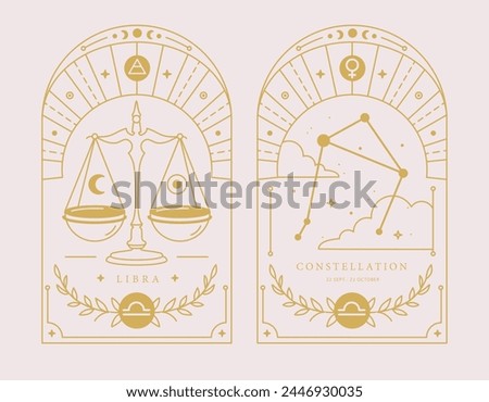 Set of Modern magic witchcraft cards with astrology Libra zodiac sign characteristic. Vector illustration