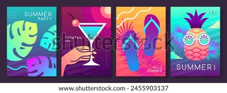 Set of fluorescent posters with summer attributes. Cocktail cosmopolitan, tropic leaf, flip flops and pineapple with glasses. Vector illustration