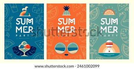 Set of retro flat summer disco party posters with summer attributes. Vector illustration