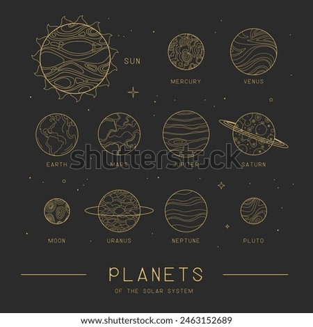 Modern magic witchcraft astrology background with Planets of the Solar System. Line art occult vector illustration