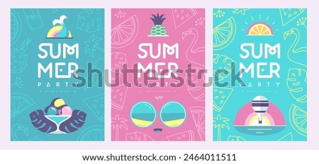 Set of retro flat summer disco party posters with summer attributes. Vector illustration