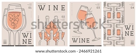 Set of modern line art magazine covers or posters with wine bottles and glasses. Restaurant menu design. Vector illustration