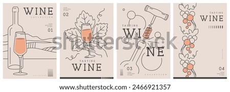 Set of modern line art magazine covers or posters with wine bottles and glasses. Restaurant menu design. Vector illustration