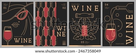 Set of modern line art magazine covers or posters with wine bottles and glasses. Restaurant menu design. Vector illustration