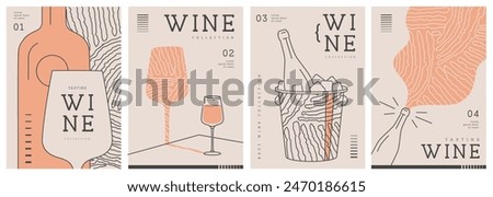 Set of modern line art magazine covers or posters with wine bottles, glasses and abstract texture. Restaurant menu design. Vector illustration