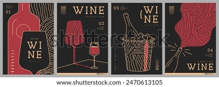 Set of modern line art magazine covers or posters with wine bottles, glasses and abstract texture. Restaurant menu design. Vector illustration