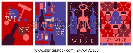 Set of modern magazine covers or posters with wine bottles and glasses. Restaurant abstract flat menu design. Wine tasting. Vector illustration