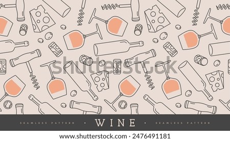 Seamless pattern with wine glasses, wine bottles, cheese, corkscrew and cork. Vector illustration