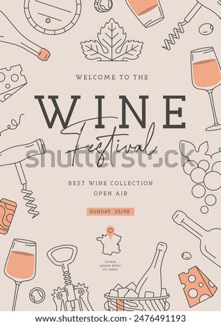 Wine festival party poster with wine attributes. Line art vector illustration