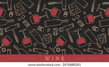 Seamless pattern with wine glasses, wine bottles, cheese, corkscrew and cork. Vector illustration