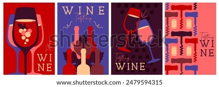 Set of modern magazine covers or posters with wine bottles and glasses. Restaurant menu design. Vector illustration