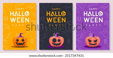 Set of flat Halloween party posters with halloween smiling pumpkins. Halloween spooky background. Vector illustration