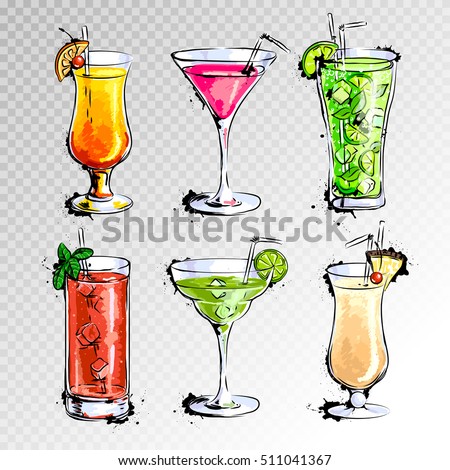Hand drawn illustration of set of cocktails