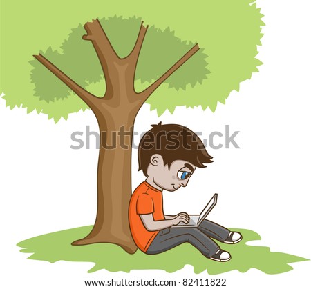 Young Man Sitting Under The Tree And Using Laptop Stock Vector ...