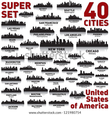 Incredible city skyline set. 40 city silhouettes of United States of America