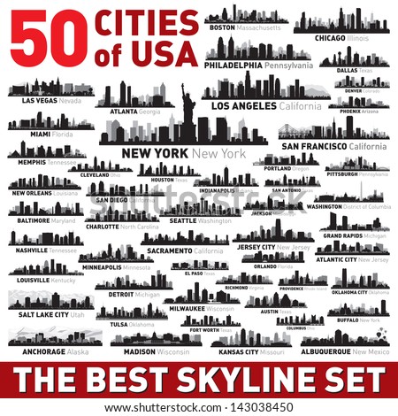 Super city skyline set. 50 vector city silhouettes of USA