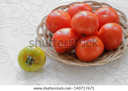 Red Tomatoes in a Bowl and Single Yellow Tomato on a Table. Standing Out From The Crowd Concept