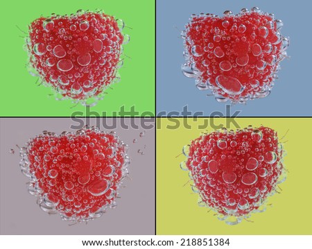 Collage with Four Different Raspberries in Clear Fizzy Water
