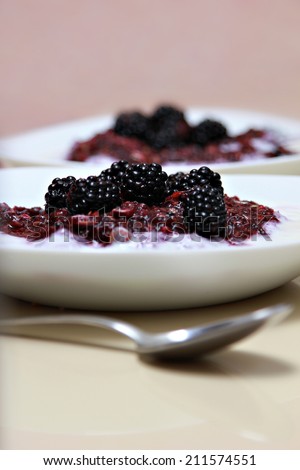 Blackberries smoothie in the plate, ready for eat