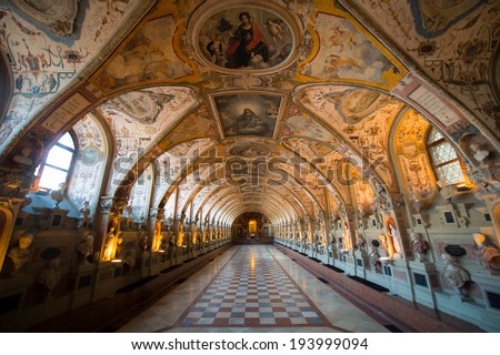 MUNICH, GERMANY - APRIL 12: Interior of the Antiquarium in the Munich Residence on April 12, 2014 in Munich, Germany. The Residence is the former royal palace of the Bavarian monarchs.