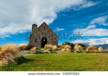 Church of the Good Shepherd on a windy summer day at Lake Tekapo, New Zealand