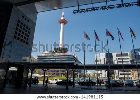 KYOTO, JAPAN - APRIL 8:  View from Kyoto Station towards Kyoto Tower on April 8, 2013 in modern Kyoto. Kyoto is the former imperial capital of Japan mainly known for its historic buildings.