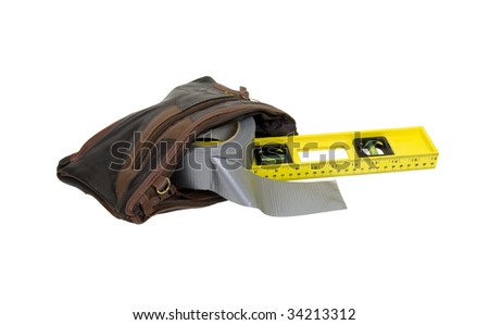 Leather purse with a level and a roll of duct tape displaying always ready to repair things on the level - path included