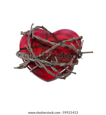 Sharp barbed wired used as a barrier bound around a red heart - path included