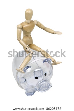 Riding a wild piggy bank shown by model on a clear piggy bank used to save change - path included