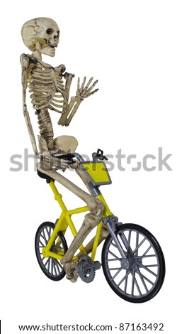 Skeleton Riding A Yellow Bicycle With His Hand Raised - Path Included ...