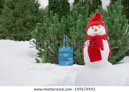 snowman with a blue bag
