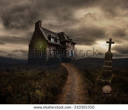 Apocalyptic Halloween scenery with old house, skull and grave