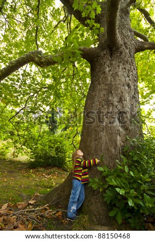 Small girl standing near ancient big tree. Protect environment concept.