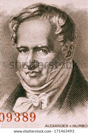 EAST GERMANY - CIRCA 1954: Alexander von Humboldt (1769-1859) on 5 Marks 1954 Banknote from East Germany. Prussian geographer, naturalist and explorer.