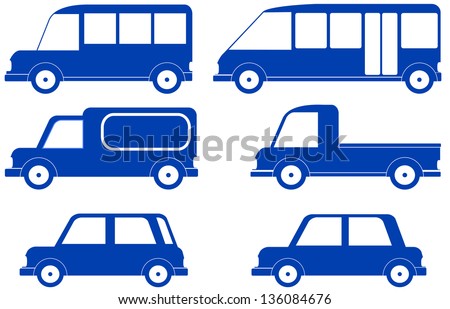 set isolated blue cars silhouette 