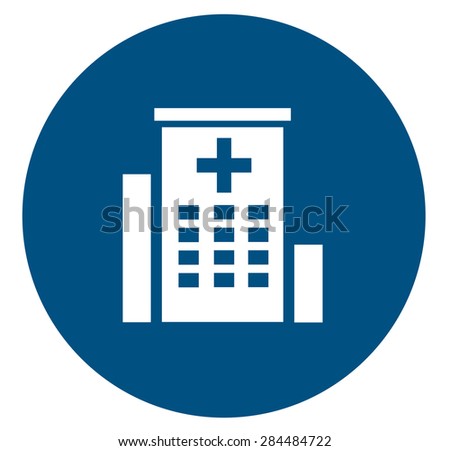 medical icon with white hospital building silhouette