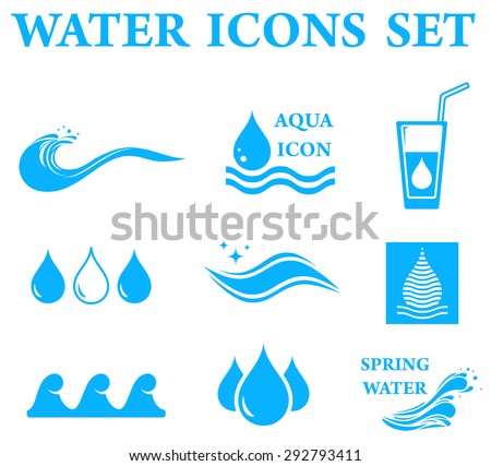 blue water icons set with drop and wave silhouette