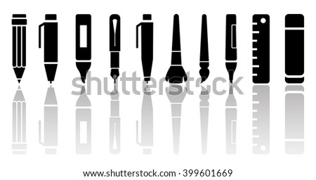 writing tools set with mirror reflection silhouette
