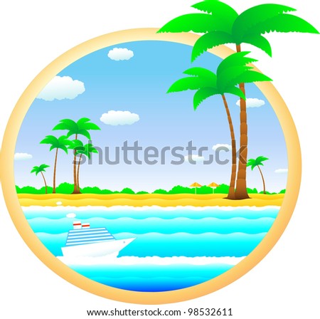 colorful tropical landscape with beach, palm and cruise ship