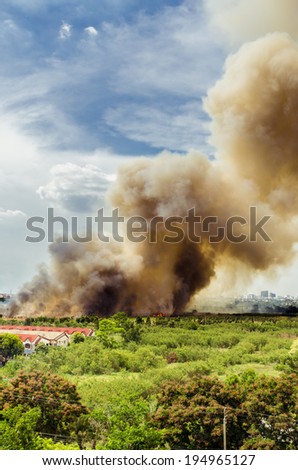Bangkok, Thailand - May 25, 2014: Forest fires in the city, causing a large flame and smoke in the air is very hot days. Firemen rush to help prevent the spread of fire to the village., In Thailand.