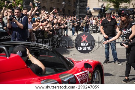 STOCKHOLM - MAY 24 2015 A Ferrari F50 revving for the crowd at the start of the 2015 Gumball 3000 Rally from Stockholm to Vegas. The Ferrari F50 is a classic Ferrari worth around $1.4m