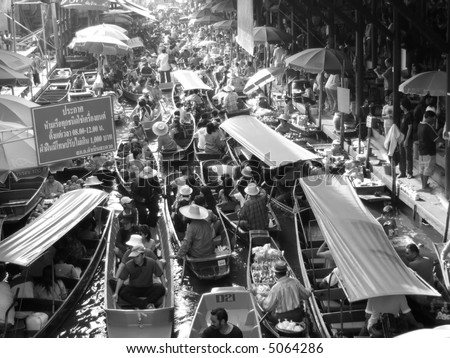Black and white of Thai Floating Market near Bangkok, Thailand.