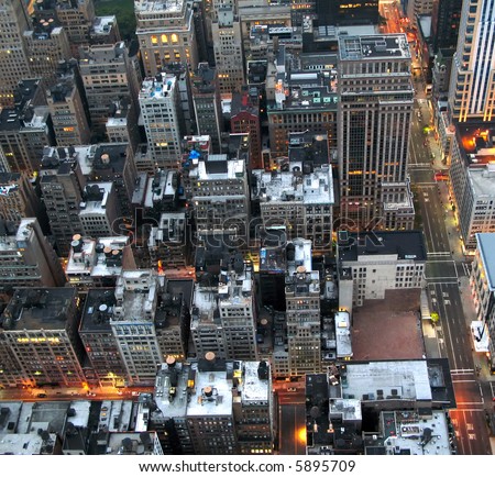 Early morning view of buildings from above in New York City.