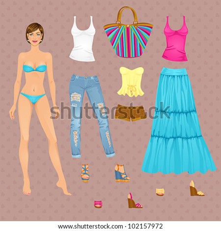 Beautiful dress up female paper doll, ready for cut out and play. vector illustration.