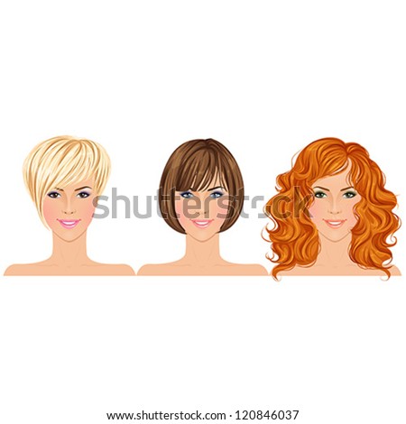 Different types of female hair styles and colors. Women's portraits. Vector illustration, isolated.