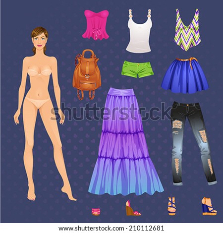 Beautiful dress up female paper doll, ready for cut out and play. vector illustration.