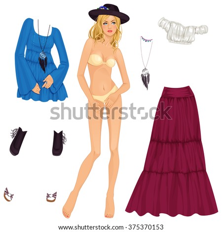 Beautiful dress up paper doll, boho-chic, ready for cut out and play. vector illustration.