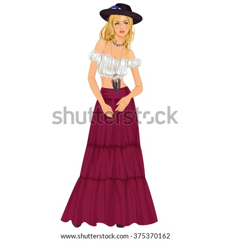 Beautiful dress up paper doll, boho-chic, ready for cut out and play. vector illustration.