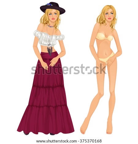 Beautiful dress up paper doll, boho-chic, ready for cut out and play. vector illustration.